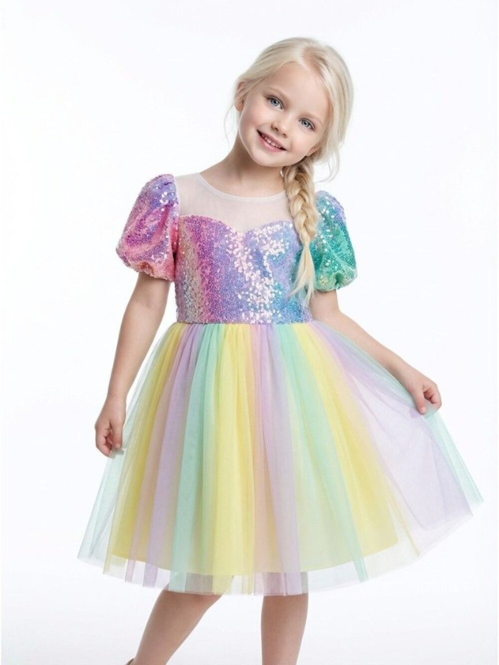 Girls Pastel Rainbow Sequin Princess Dress